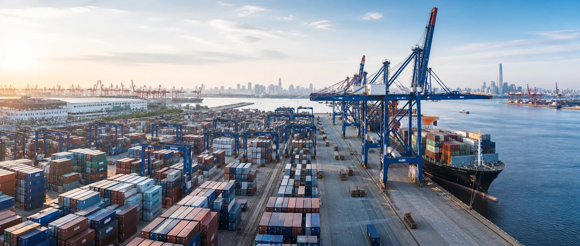 Active container terminal with rows of containers, cranes and a cargo ship in morning light