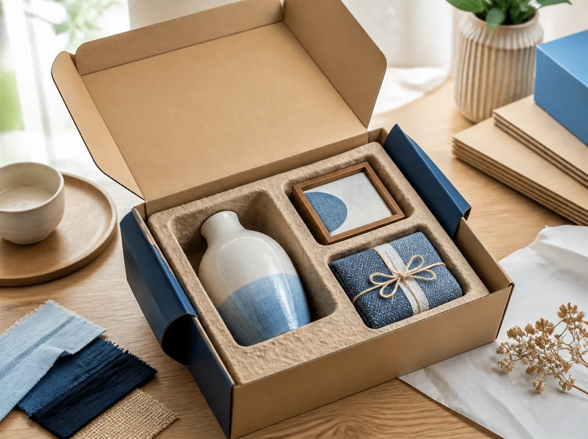 Open decor gift set with a ceramic piece, frame and textile protected by fitted inserts