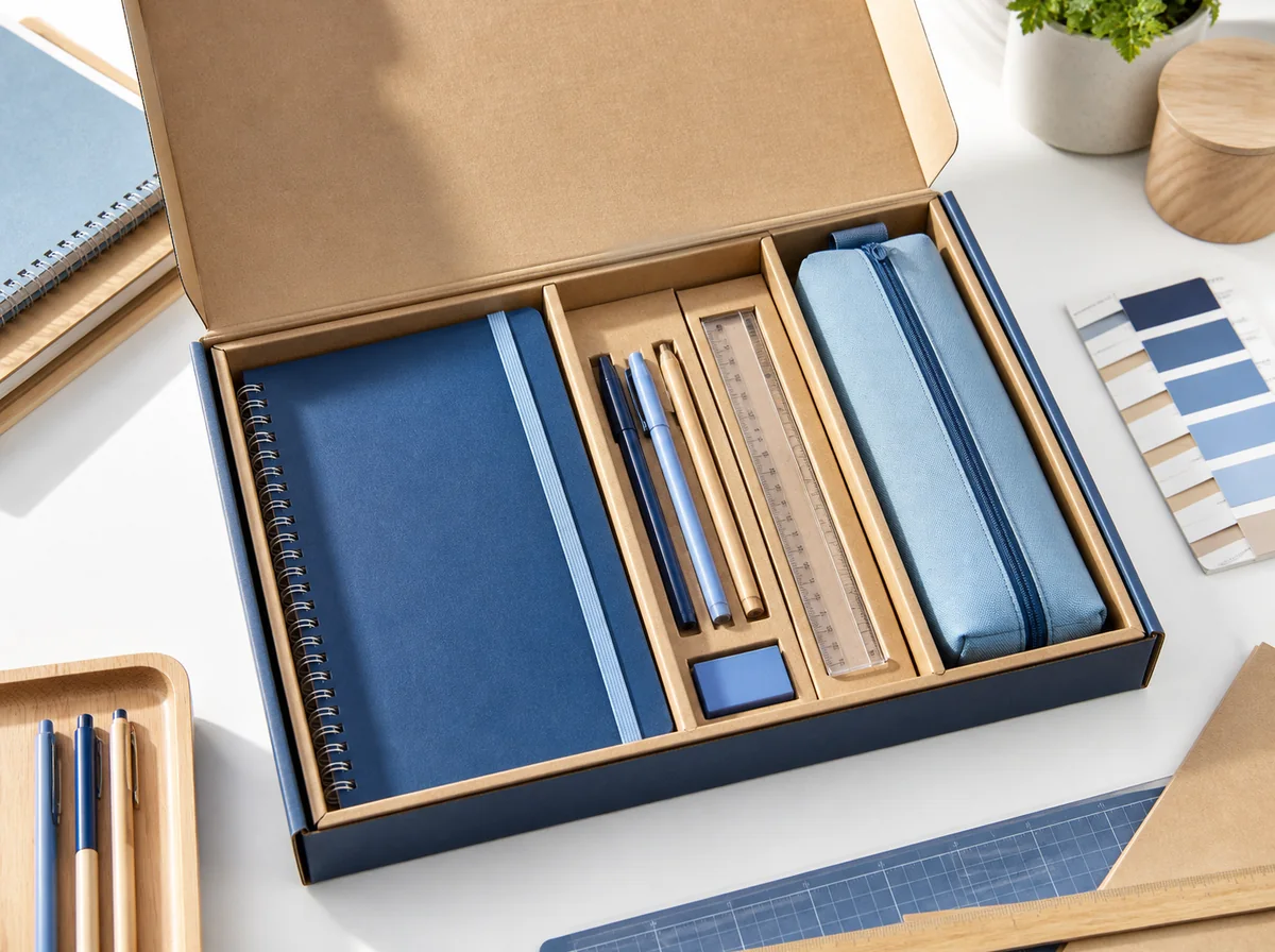 Empaque abierto de papelería con cuadernos, bolígrafos, regla y cartuchera en compartimentos de cartón