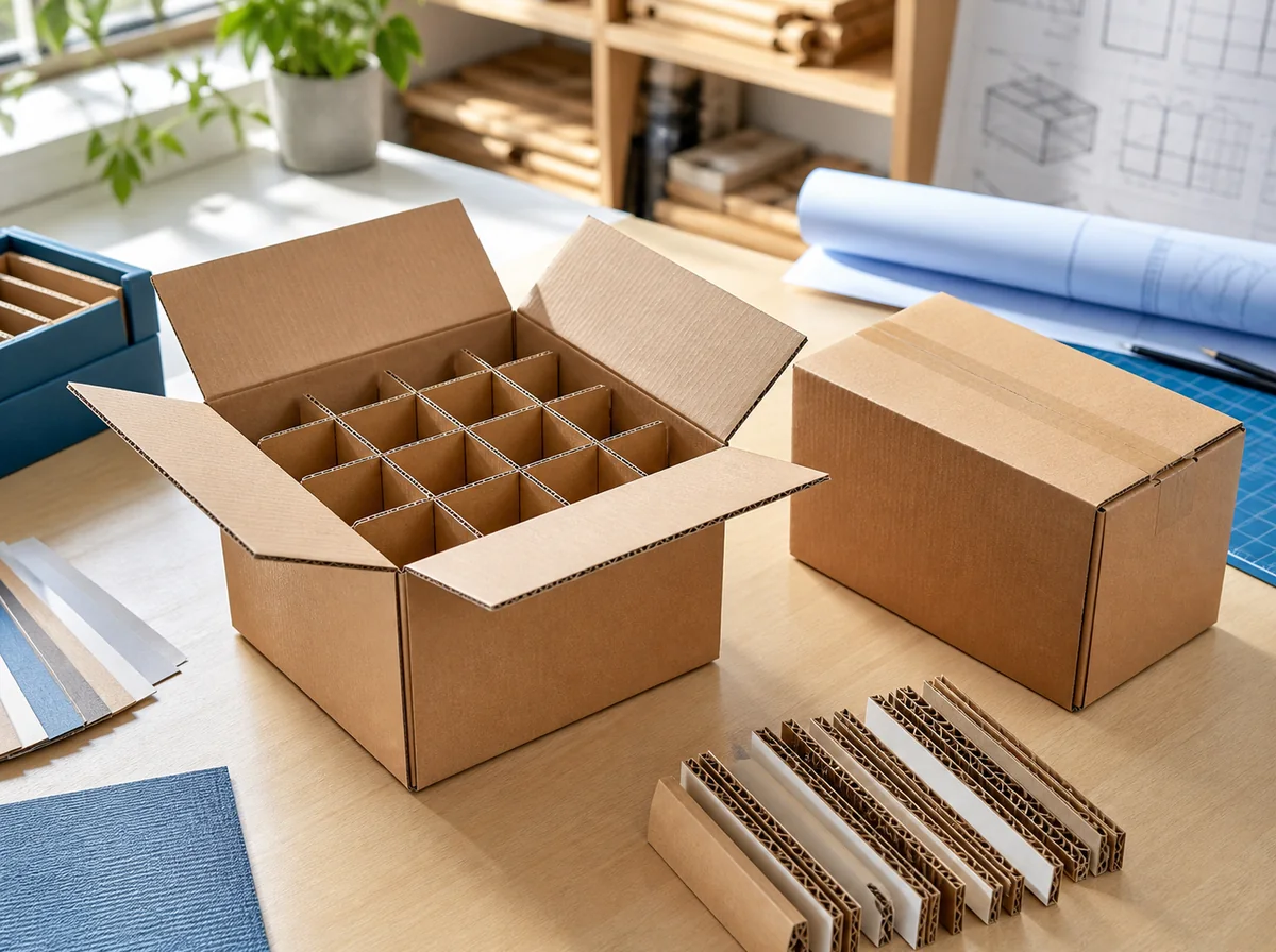 Open corrugated shipper with custom divider, sealed sample carton and fluting samples
