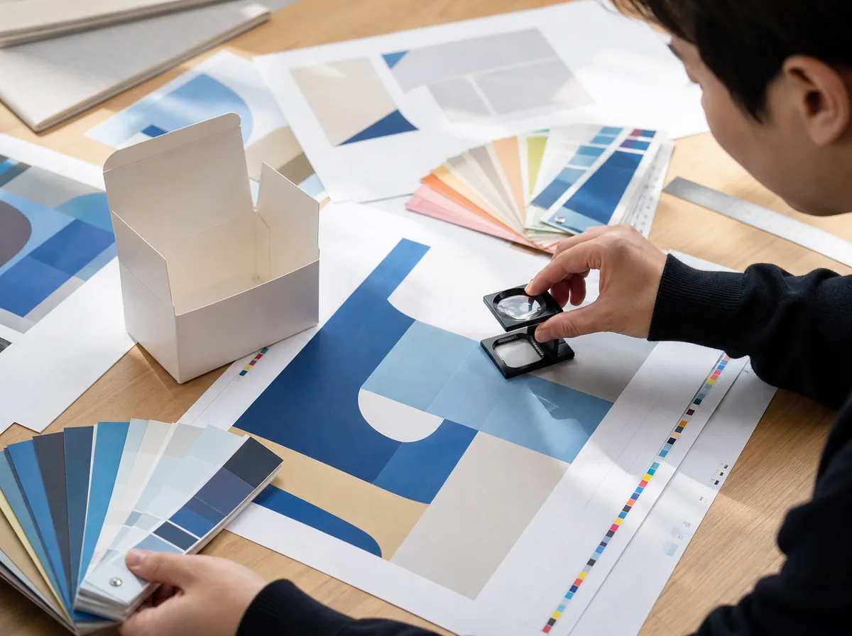 Especialista comparando una prueba de color con caja blanca, muestras y herramientas prepress