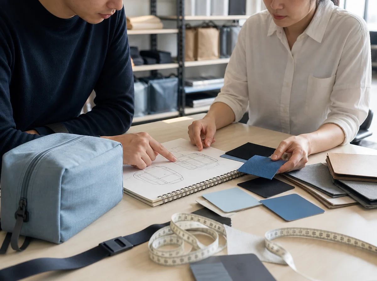 Dos personas alineando una muestra, un cuaderno de bocetos y materiales al iniciar el proyecto