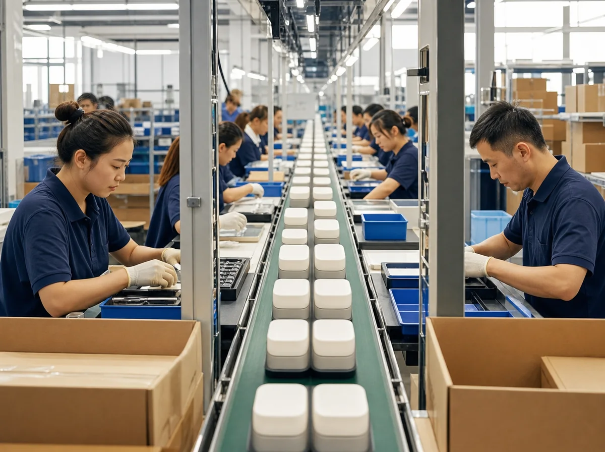 Línea limpia de ensamble y empaque operando bajo supervisión en una fábrica de Asia