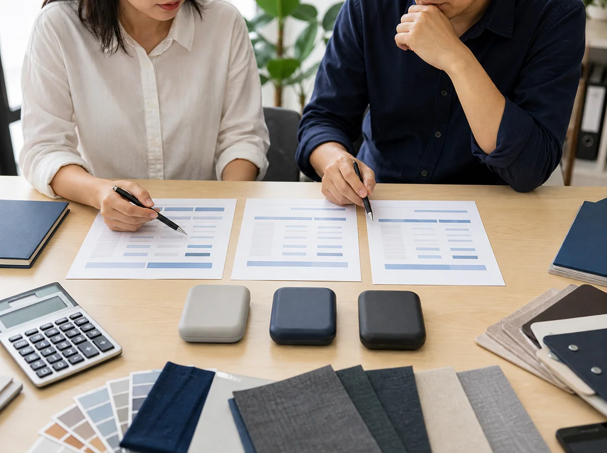 Tres muestras compactas comparadas con materiales, calculadora y hojas de cotización
