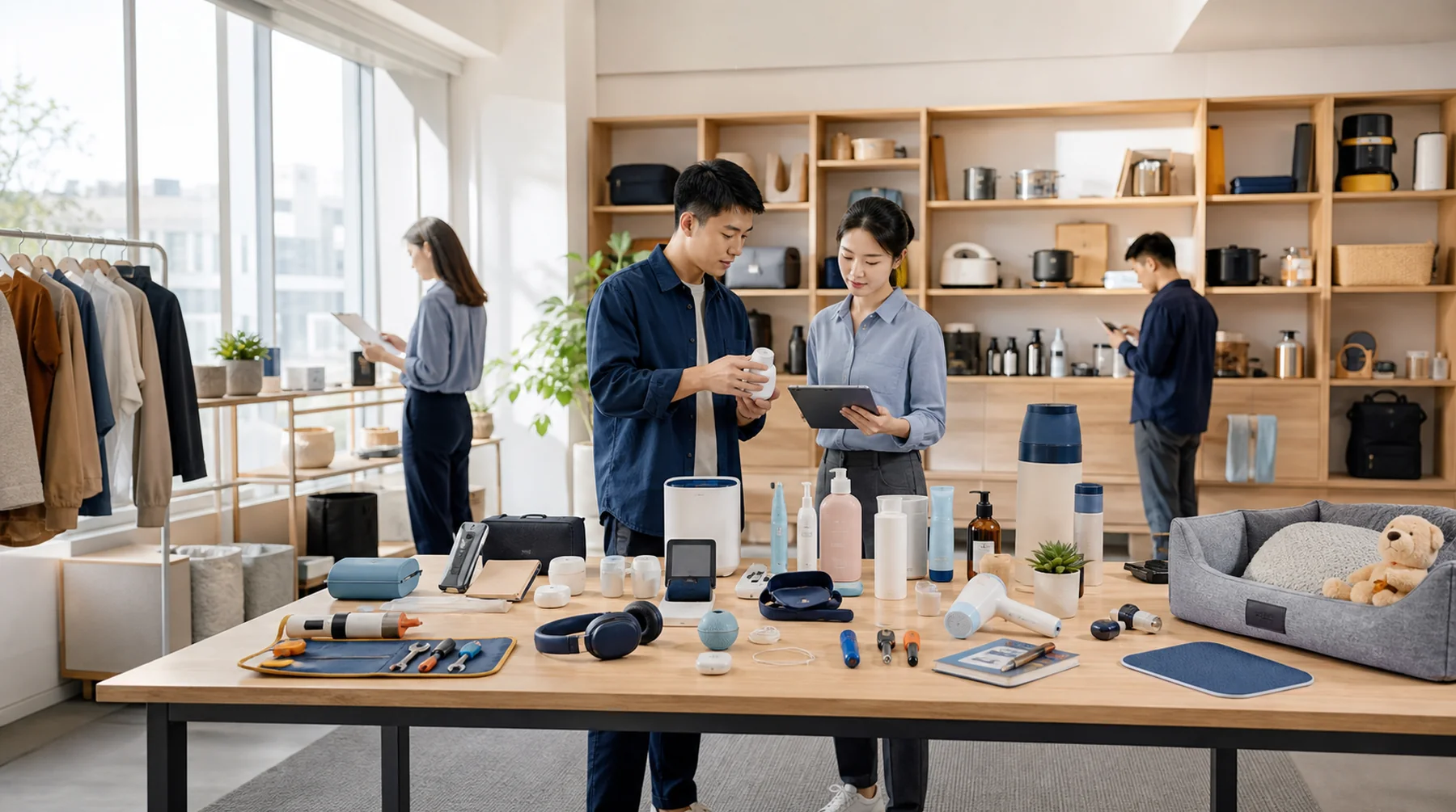 Showroom de muestras luminoso y ordenado con productos en estantes y una mesa de revisión